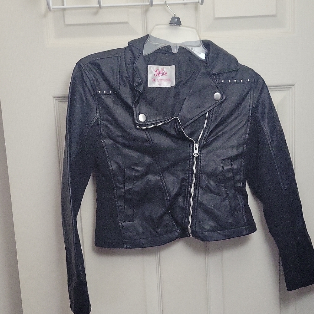 Justice Girls Black Faux Leather Jacket with Silver Accents